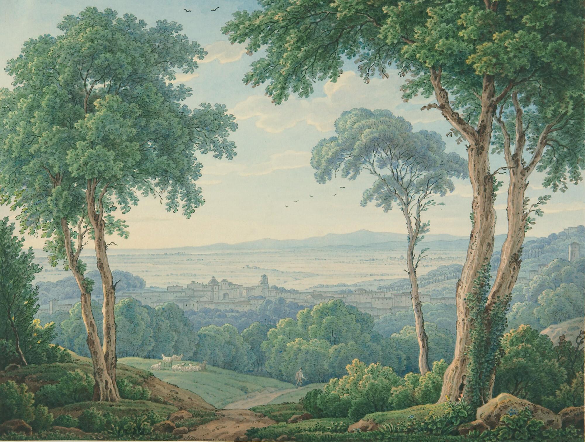 Simon Warnberger - Blick von einer Anhöhe auf eine südliche Stadt.