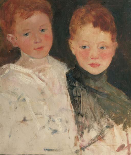 Simon Willem Maris - Double portrait of the artist\'s children, Mies and Thijs- a study (recto); a lady wearing a bonnet- a study (verso)