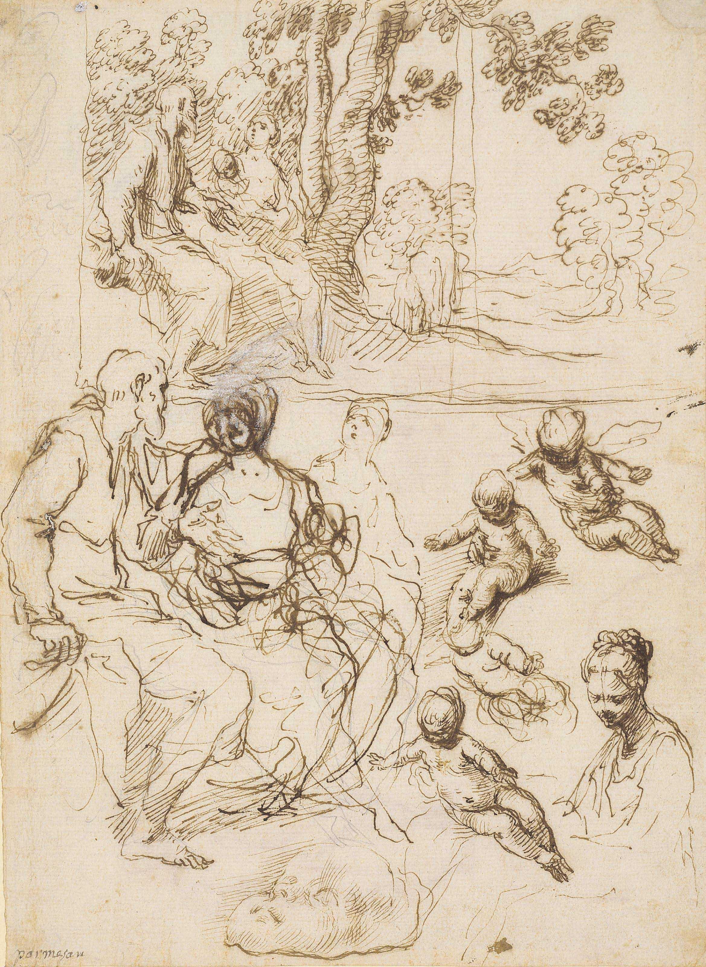 Simone Cantarini, Il Pesarese - Studies for a Rest on the Flight into Egypt, a study of the same in a landscape setting and further studies of the Virgin, the Christ Child and a cherub ( recto ); Rapid figure studies ( verso )
