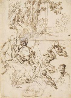Simone Cantarini, Il Pesarese - Studies for a Rest on the Flight into Egypt, a study of the same in a landscape setting and further studies of the Virgin, the Christ Child and a cherub ( recto ); Rapid figure studies ( verso )