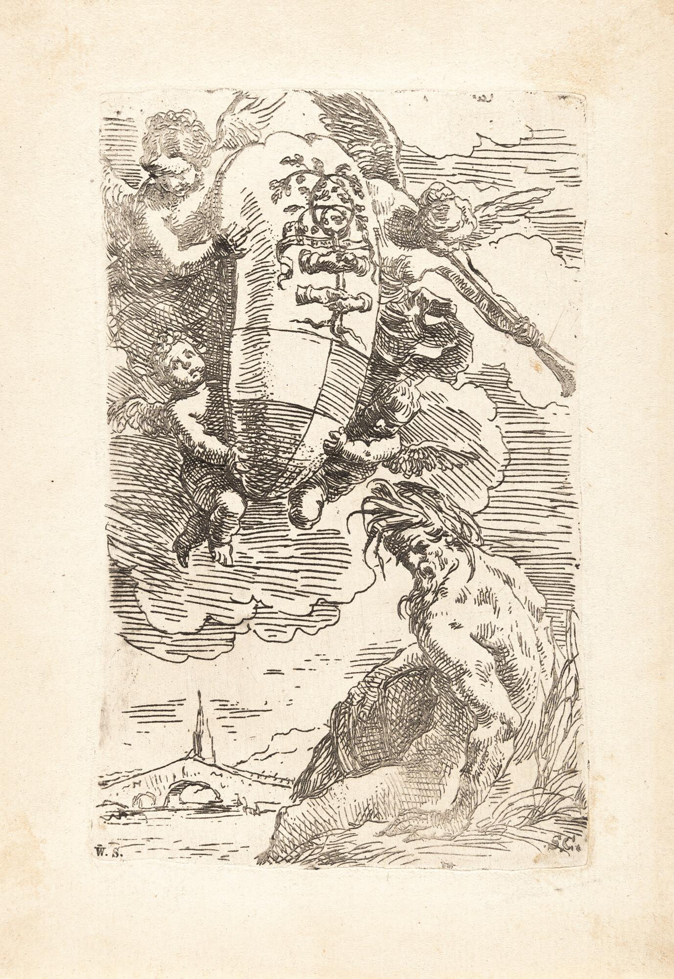 Simone Cantarini - 2 Bll.: Allegorie des Faglia Flusses mit dem Wappen von Pesaro – Die Ruhe auf der Flucht