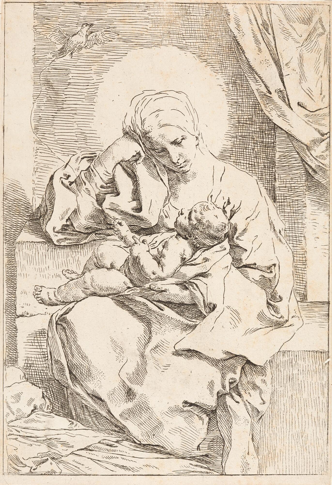 Simone Cantarini - Die Madonna mit dem Kinde, das einen Vogel hält.