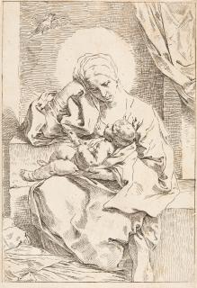 Simone Cantarini - Die Madonna mit dem Kinde, das einen Vogel hält.