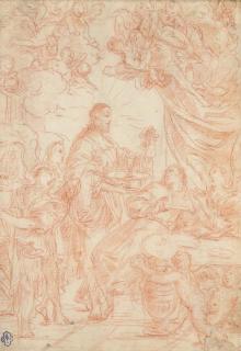 Simone Cantarini - Le Christ entouré par des anges portant un calice à une figure attablée (recto); Un infirme de profil à droite regardant vers le haut