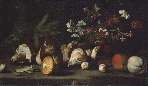 Simone del Tintore - Mushrooms, mange tout, apples, an artichoke and flowers on a stone ledge