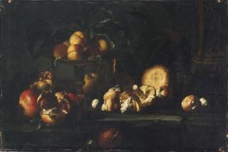 Simone del Tintore - Natura morta con alzata di pesche, funghi e melograni