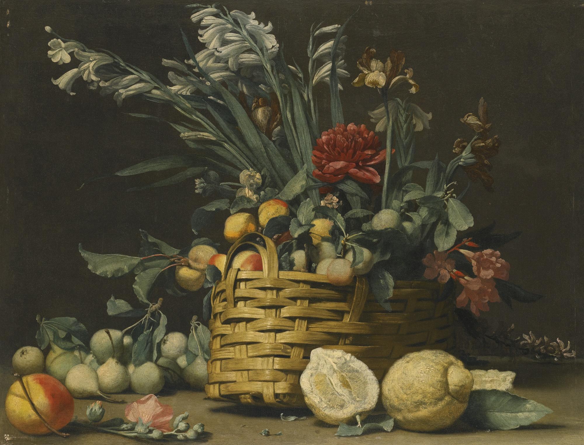 Simone Del Tintore - Still Life With Pears, Apples, Chrysanthemum And Other Flowers In A Basket Beside Two Large Lemons