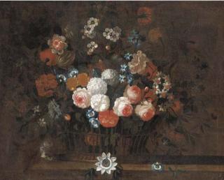 Simone Hardimé - Roses, morning glory, narcissi and other flowers in a basket on a ledge