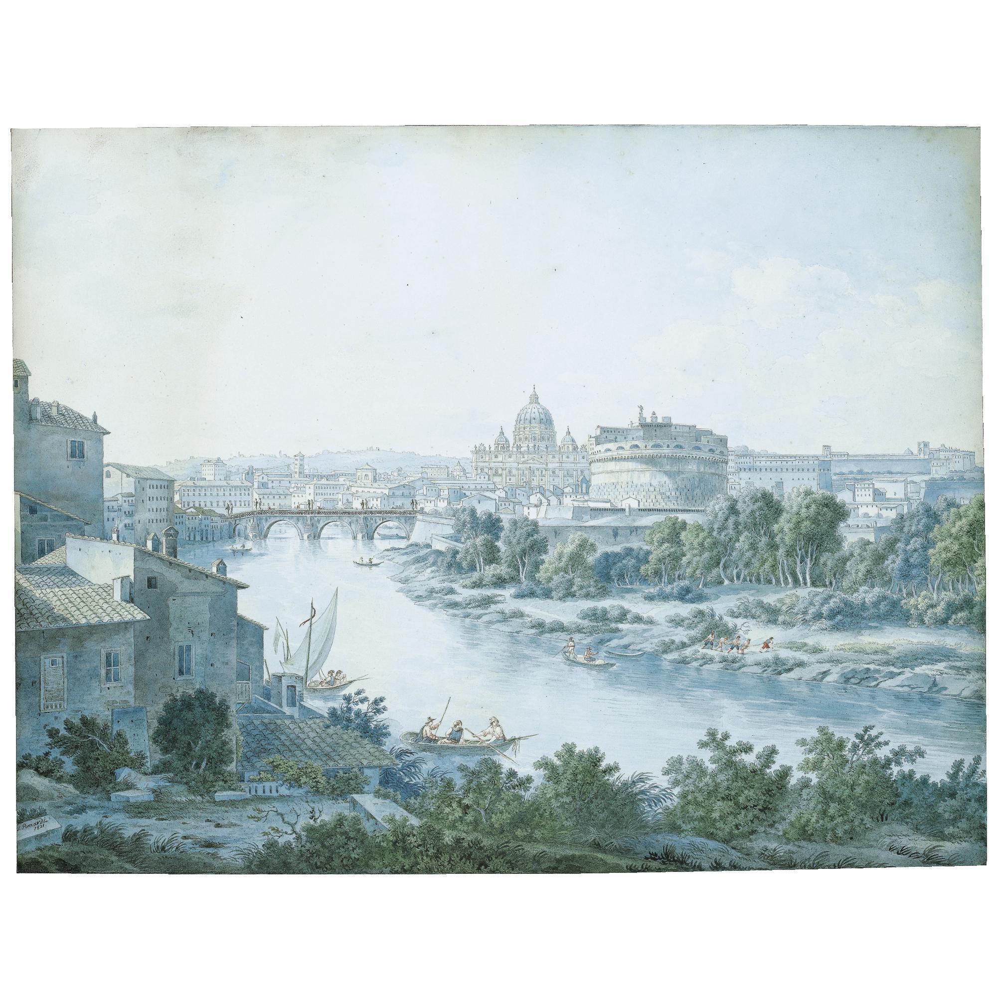 Simone Pomardi - A View Of Rome From Tor Di Nona And The Tiber Looking Towards Castel Sant\'Angelo And Ponte Degli Angeli And The Basilica Of St Peter