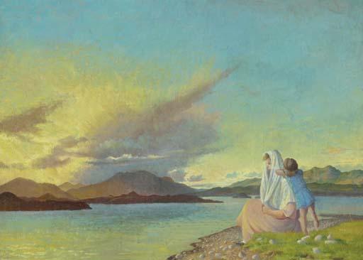Sine Mackinnon - Evening sun, mother and child on the shore