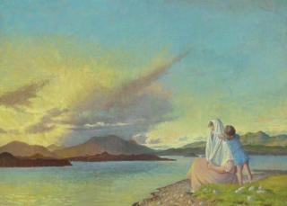 Sine Mackinnon - Evening sun, mother and child on the shore