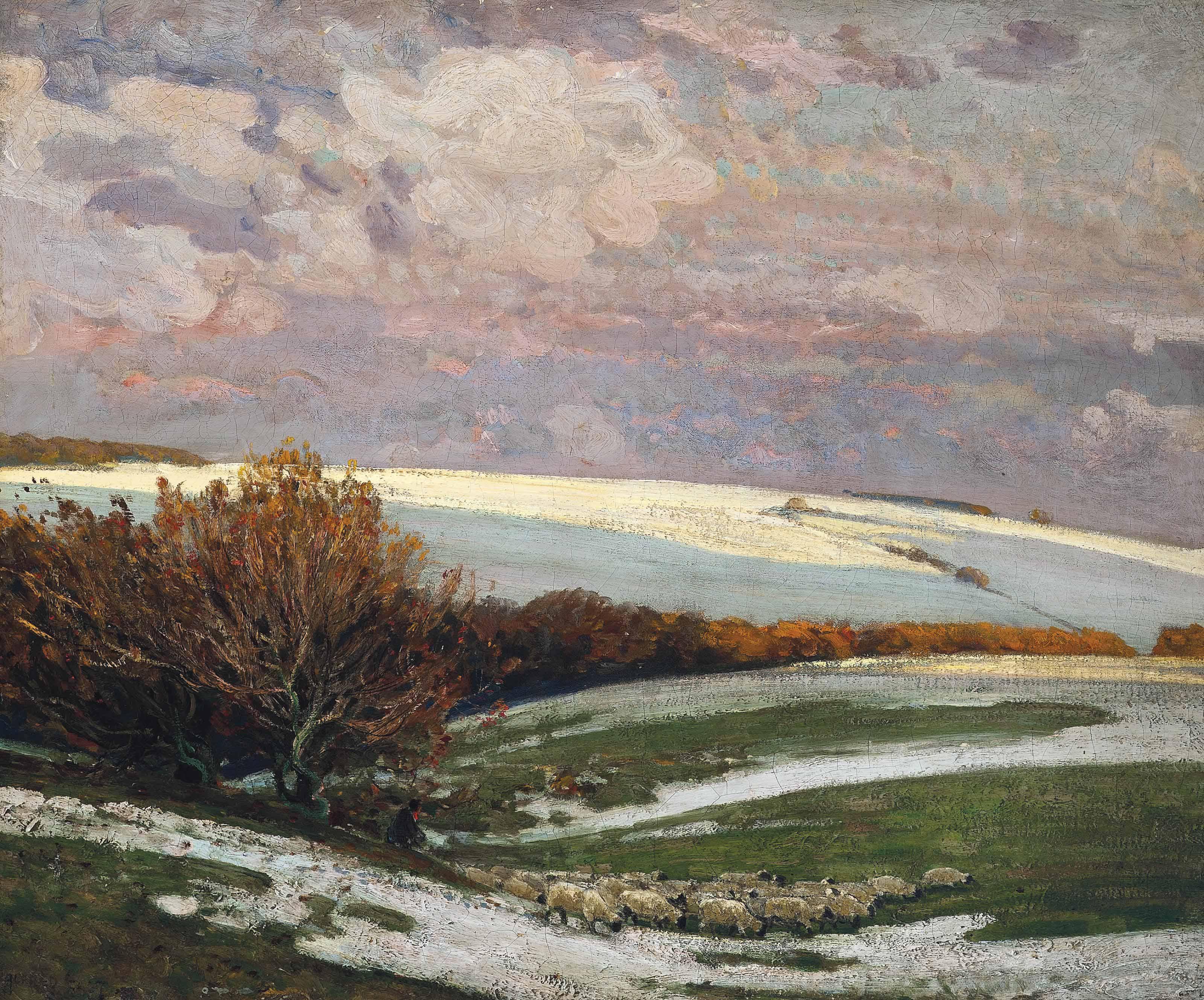 Sir Alfred East, R.A., R.I., P.R.B.A., R.P.E. - Snow on the Downs