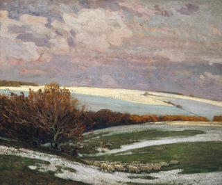 Sir Alfred East, R.A., R.I., P.R.B.A., R.P.E. - Snow on the Downs