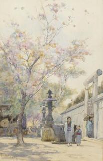 Sir Alfred East - A Japanese street scene with trees in blossom