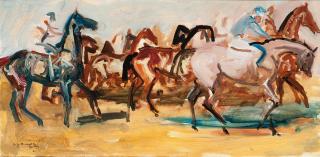 Sir Alfred James Munnings, P.R.A., R.W.S., R.P. - A Big Field Under Starter\'s Orders, a sketch