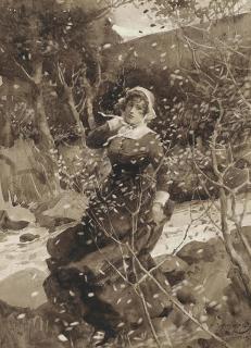 Sir Alfred James Munnings, P.R.A., R.W.S. - A girl walking beside a wooded stream on a windy day