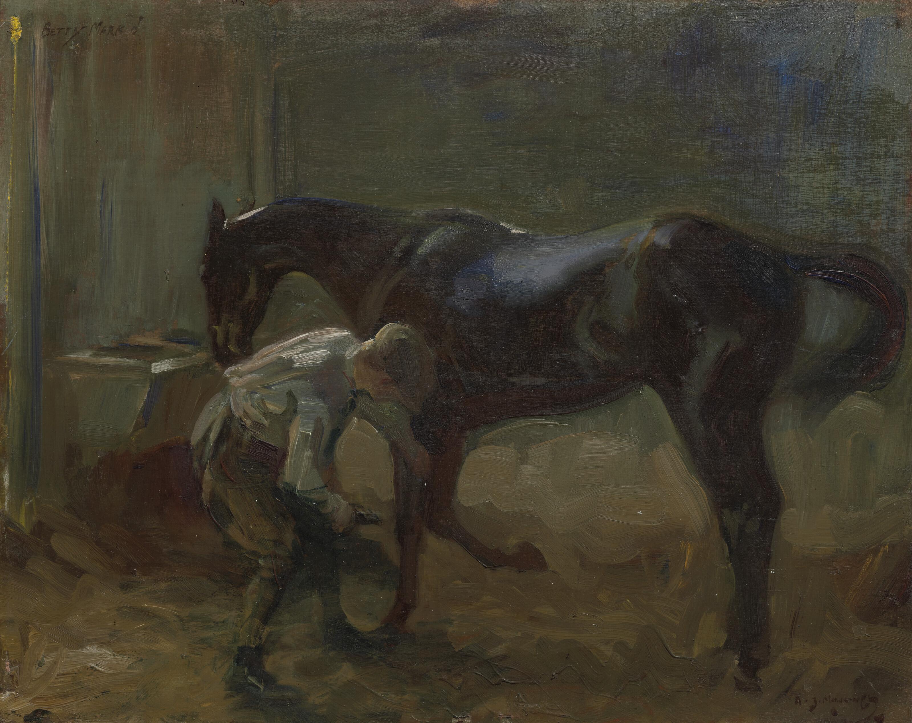 Sir Alfred James Munnings, P.R.A., R.W.S. - A groom in the stables with \'Betty Mark\'