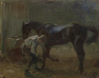Sir Alfred James Munnings, P.R.A., R.W.S. - A groom in the stables with \'Betty Mark\'