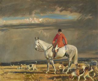 Sir Alfred James Munnings, P.R.A., R.W.S. - A Huntsman on the grey horse \'Isaac\' by \'Goblet\'