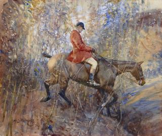 Sir Alfred James Munnings, P.R.A., R.W.S. - A Huntsman Riding Through a Thicket