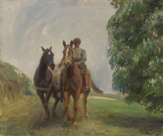 Sir Alfred James Munnings, P.R.A., R.W.S. - British shrimp Leading Two Hunters