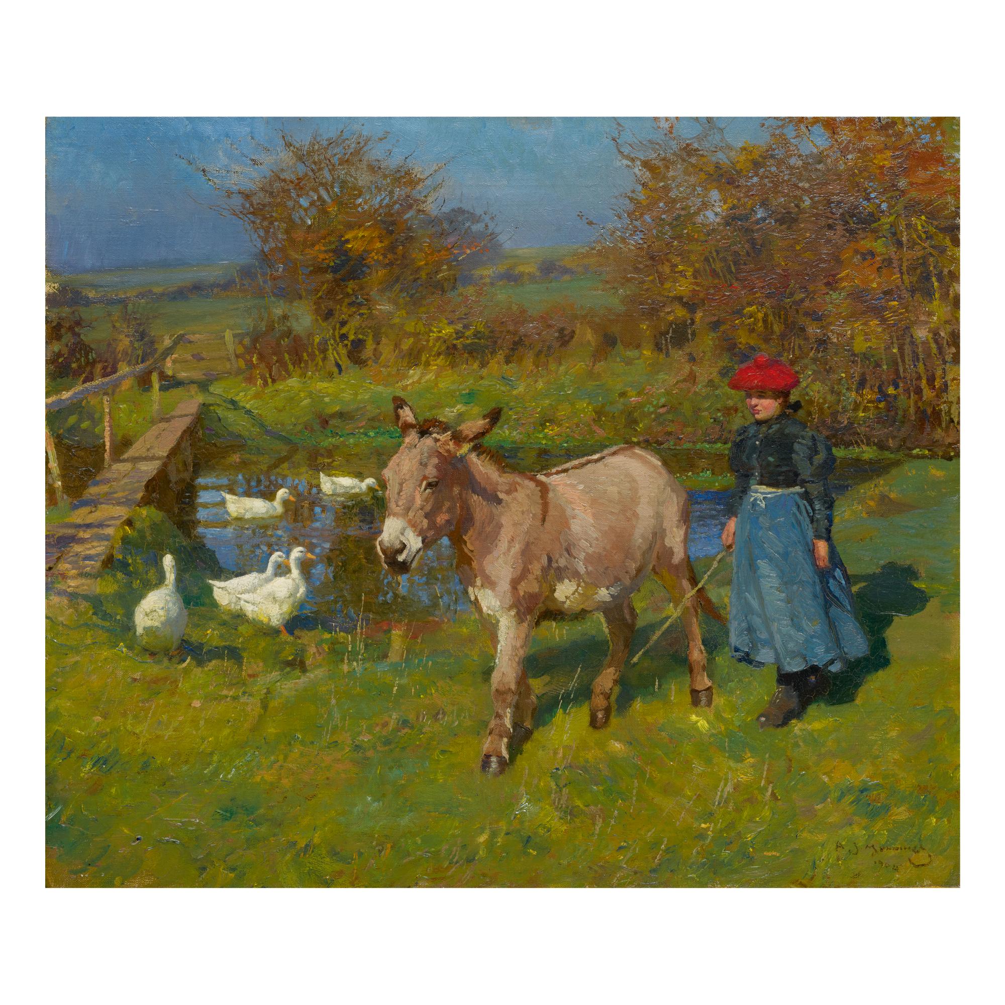 Sir Alfred James Munnings, P.R.A., R.W.S. - Crostwick Common: Woman With A Donkey And Geese
