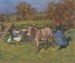 Sir Alfred James Munnings, P.R.A., R.W.S. - Crostwick Common: Woman with a donkey and geese