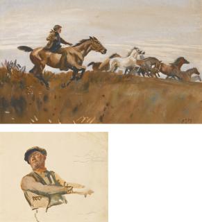 Sir Alfred James Munnings, P.R.A., R.W.S. - Exmoor Ponies; Sketch Of A Groom