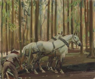 Sir Alfred James Munnings, P.R.A., R.W.S. - Forest Scene: Man and Horses drawing timber