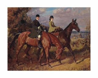 Sir Alfred James Munnings, P.R.A., R.W.S. - Going to the Meet: Captain F.G. Chamberlin and his sister on Mousehold Heath, Norwich