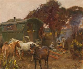 Sir Alfred James Munnings, P.R.A., R.W.S. - Gypsy Caravan at Ringland Hills