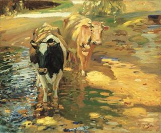 Sir Alfred James Munnings, P.R.A., R.W.S. - Impressions of cows in a stream, Lamorna