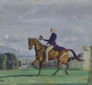 Sir Alfred James Munnings, P.R.A., R.W.S. - Portrait of a Gentleman on a Bay Horse in a Park with a Church beyond