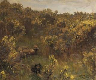 Sir Alfred James Munnings, P.R.A., R.W.S. - Shrimp and his dog on Ringland Hills