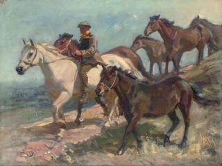 Sir Alfred James Munnings, P.R.A., R.W.S. - Shrimp and six ponies on the Ringland Hills
