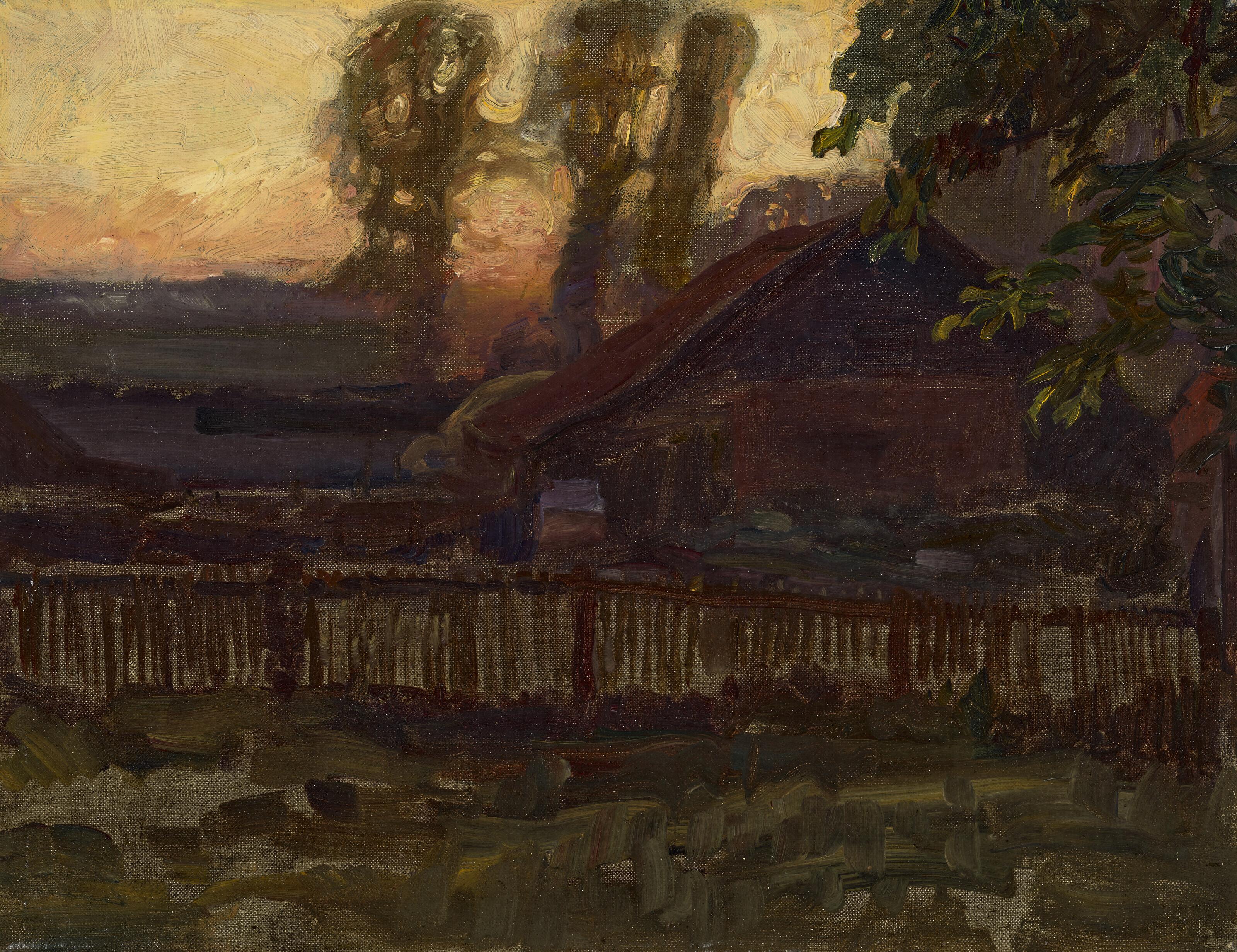 Sir Alfred James Munnings, P.R.A., R.W.S. - The old boathouse at the Mill at sunset