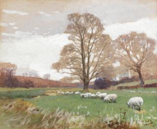 Sir Alfred James Munnings, PRA, RWS - Sheep grazing a meadow