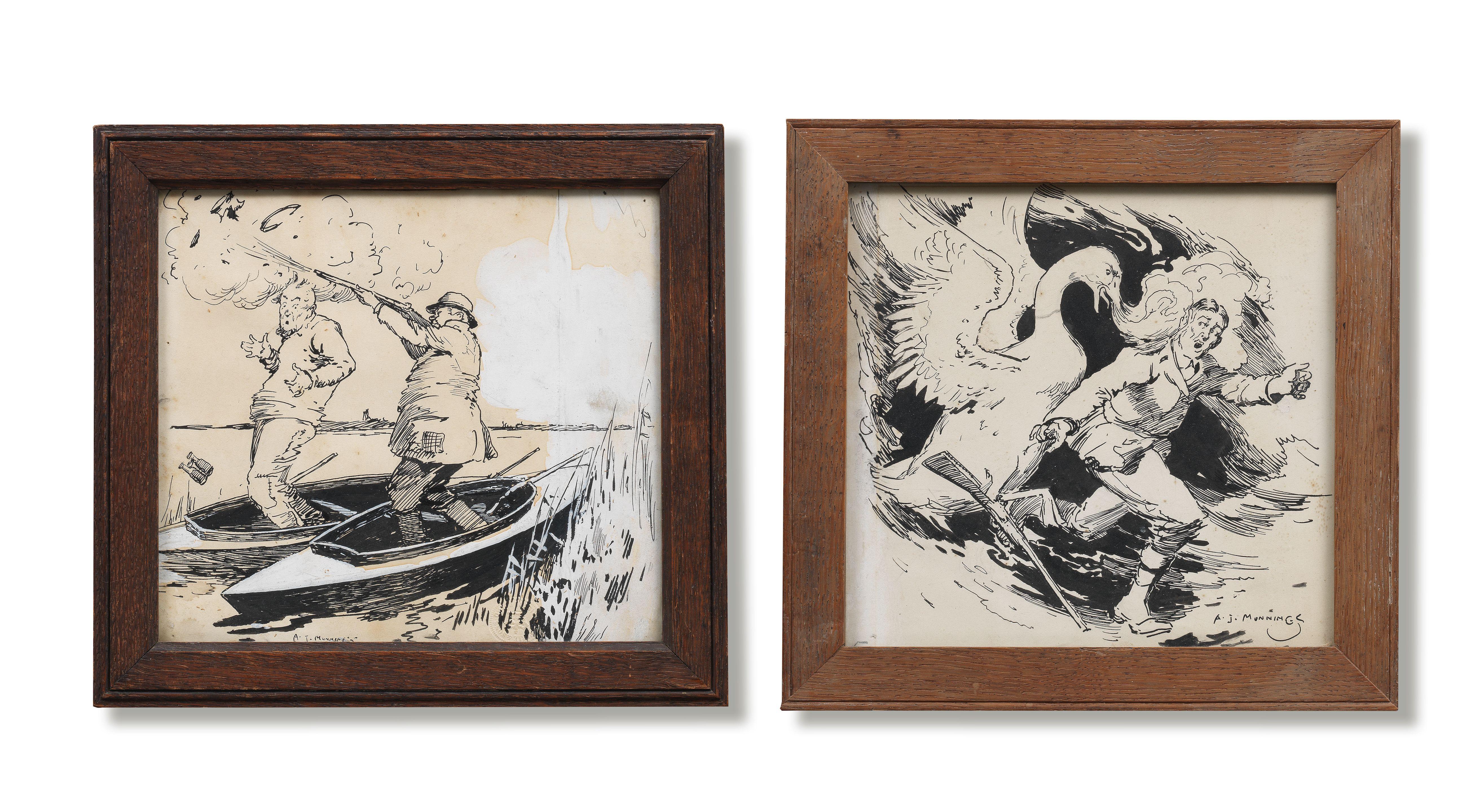 Sir Alfred James Munnings, PRA, RWS - The Dangerous Gun; Swan Up! the larger 18 x 19.5cm (7 1/16 x 7 11/16in).