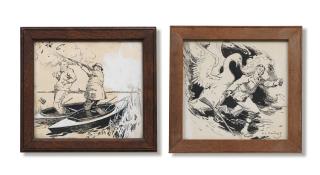 Sir Alfred James Munnings, PRA, RWS - The Dangerous Gun; Swan Up! the larger 18 x 19.5cm (7 1/16 x 7 11/16in).