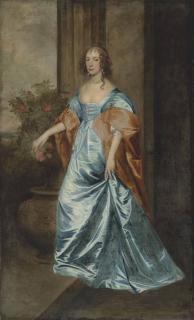 Sir Anthony Van Dyck - Portrait of a lady, full-length, in a blue satin dress with an orange wrap, beside a rose bush in a stone urn, her right hand touching a rose