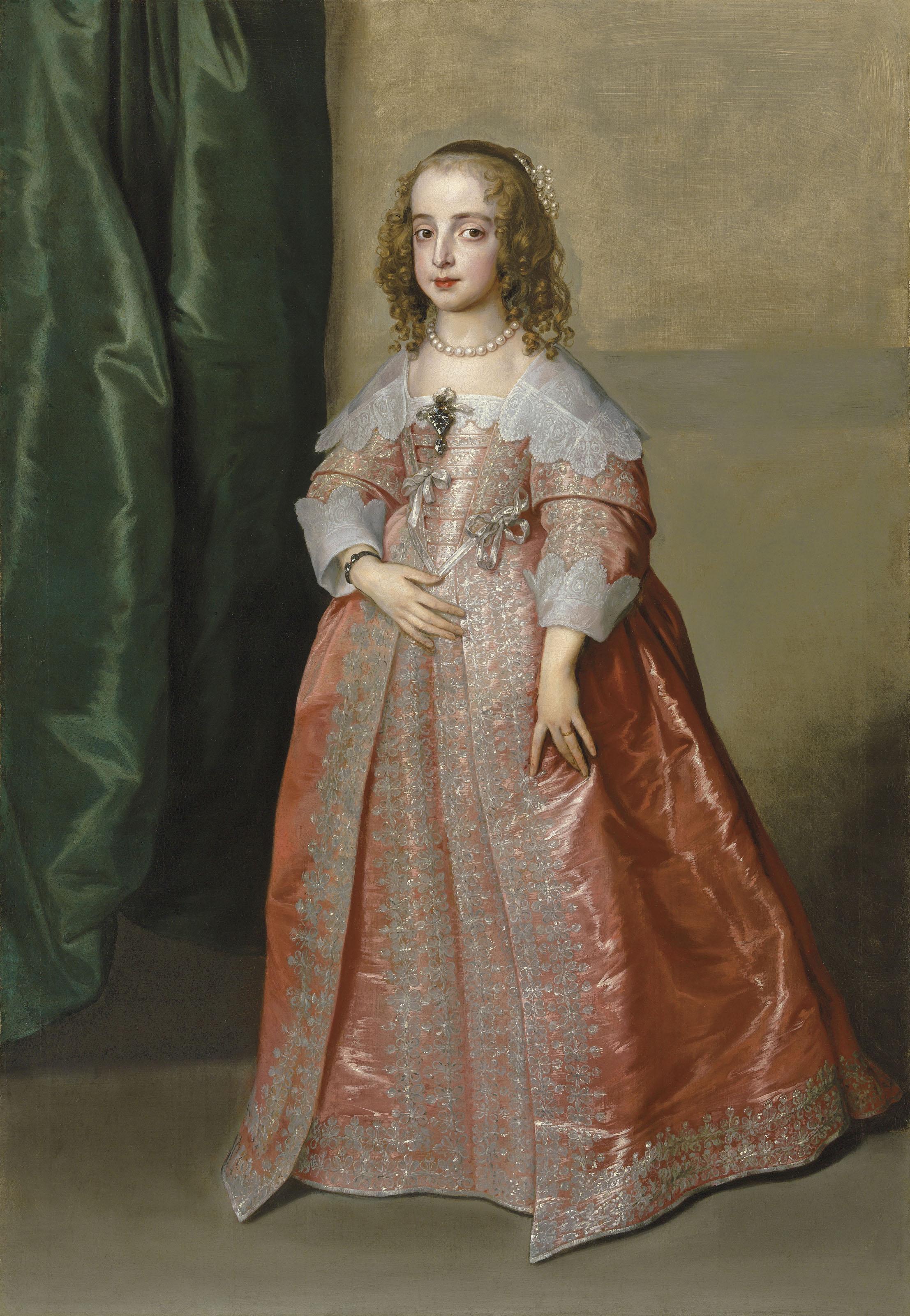 Sir Anthony Van Dyck - Portrait of Princess Mary (1631–1660), daughter of King Charles I of England, full-length, in a pink dress decorated with silver embroidery and ribbons