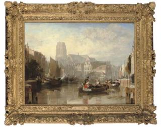 Sir Augustus Wall Callcott, R.A. - View of The Grote Kerk, Rotterdam, With Figures And Boats In The Foreground