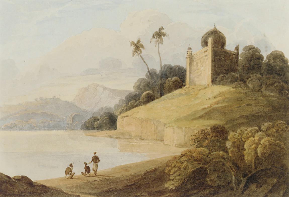 Sir Charles D\'Oyly - Figures by a river with an Indian temple beyond