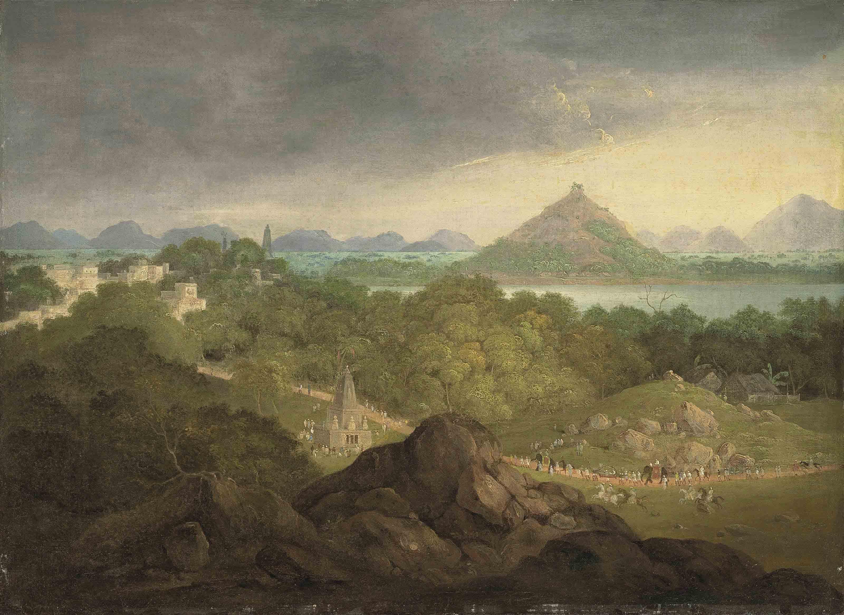 Sir Charles William D\'Oyly - Pushkar, India, with a parade of figures, elephants and horses in the foreground