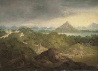 Sir Charles William D\'Oyly - Pushkar, India, with a parade of figures, elephants and horses in the foreground