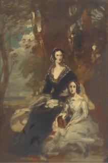 Sir Daniel Macnee, P.R.S.A. - Portrait of two ladies, small full-length, with a spaniel, under a tree, a sketch
