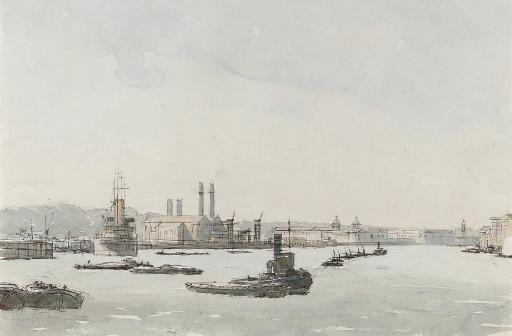Sir David Muirhead Bone, N.E.A.C. - Shipping on the Thames before Greenwich Hospital