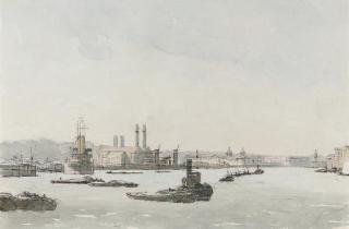 Sir David Muirhead Bone, N.E.A.C. - Shipping on the Thames before Greenwich Hospital
