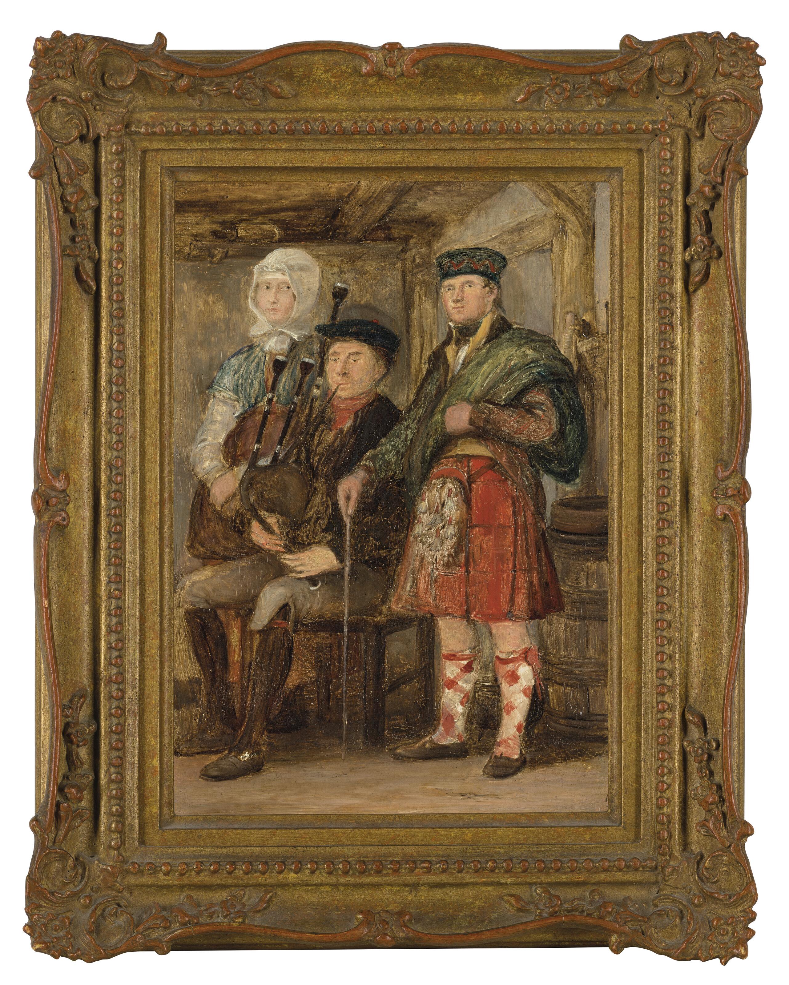 Sir David Wilkie, R.A. - A highland interior with a bagpipe player