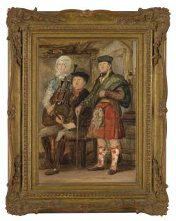 Sir David Wilkie, R.A. - A highland interior with a bagpipe player